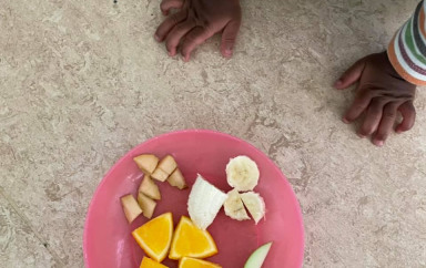 Petit garçon avec des fruits coupés dans un bol