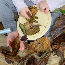 Manipulation d'une assiette et de feuilles mortes par un enfant