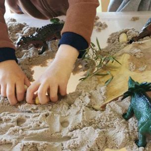 Un petit garçon jouant dans une boîte rempli de sable avec des jouets en forme de dinosaure 