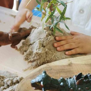Un petit garçon jouant dans une boîte rempli de sable avec des jouets en forme de dinosaure 